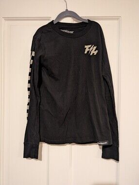 Boy's Black Long Sleeve Graphic Tee with Checker Sleeve Detail